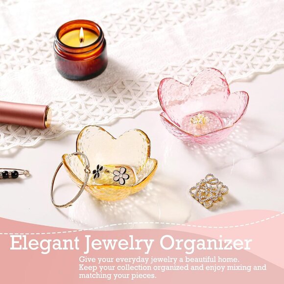 Pink Flower Jewelry Dish Glass Ring Holder Dish Jewelry Tray Cute Vanity - Picture 6 of 7